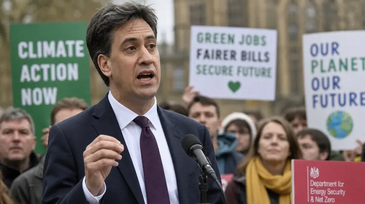 Ed Miliband, Energy Secretary, speaking at an outdoor climate rally