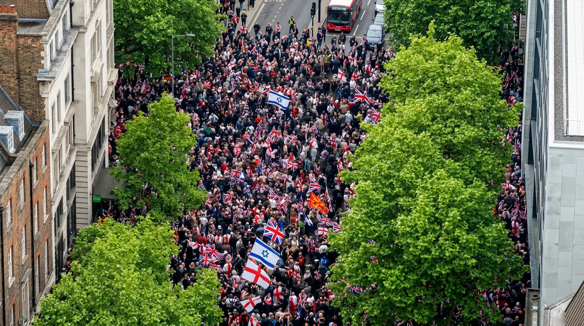 Aerial view of Unite the Kingdom rally crowds filling central London streets, 16 May 2026