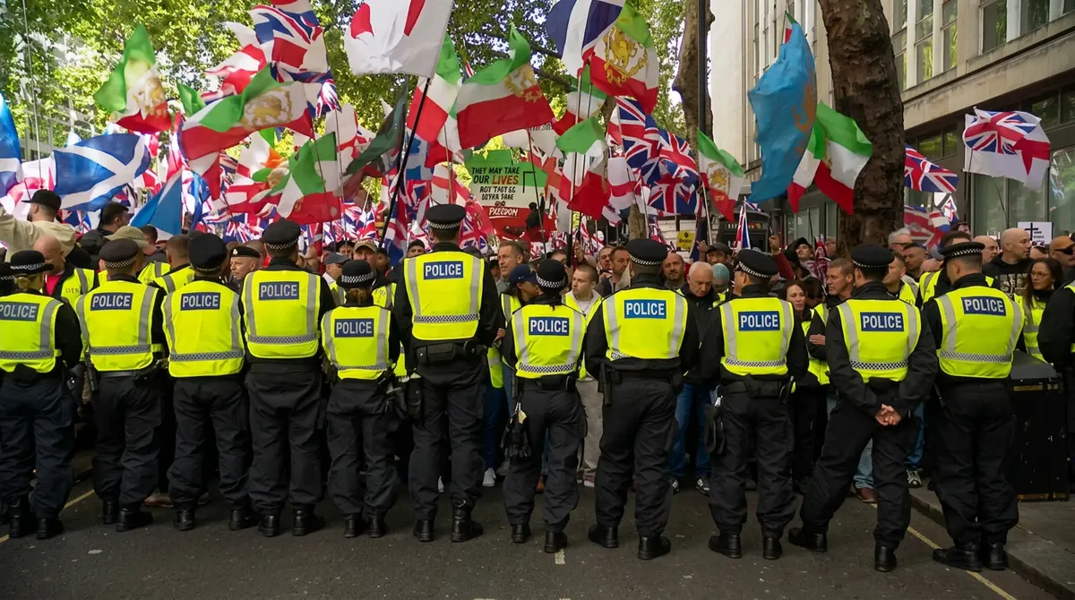Metropolitan Police officers in riot control formation at Unite the Kingdom rally, London, 16 May 2026